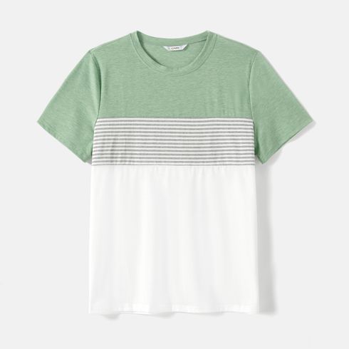 Family Matching Solid Short-sleeve Belted Dresses and Striped Colorblock T-shirts Sets Green big image 17