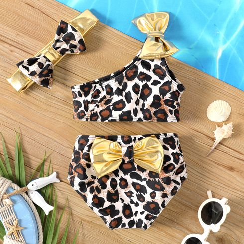 3pcs Baby Girl Bow Decor Leopard Print One Shoulder Two-piece Swimsuit & Headband Set