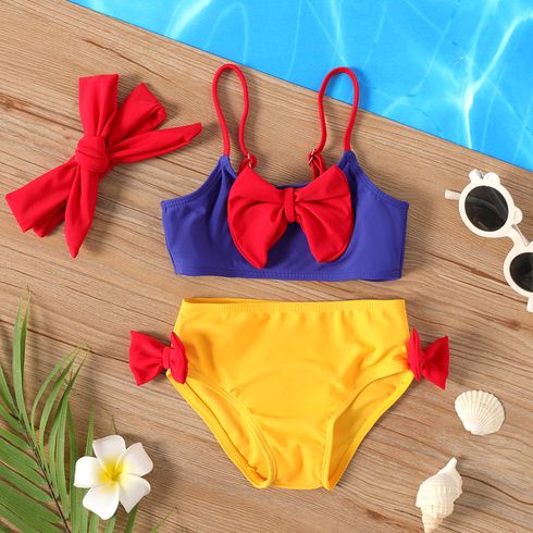 3pcs Baby Girl Princess Outfit Colorblock Bow Front Two-Piece Swimsuit & Headband Set