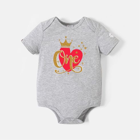 [0M-24M] Go-Neat Water Repellent and Stain Resistant Heart Graphic Short-sleeve Birthday Romper Light Grey big image 1