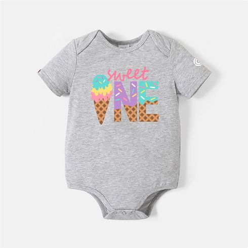 Go-Neat Water Repellent and Stain Resistant Mommy and Me Letter & Ice Cream Cone Print Short-sleeve Birthday Tee Light Grey big image 2
