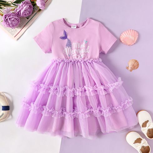 Toddler Girl Letter Print Mesh Splice Short-sleeve Dress Purple big image 1