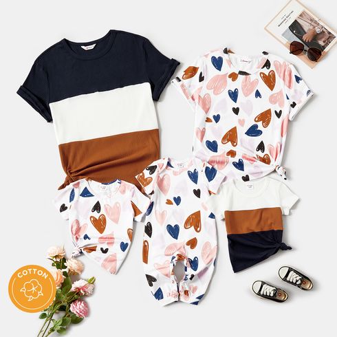 Mother's Day Family Matching Cotton Short-sleeve Allover Heart Print and Colorblock Ribbed Tops