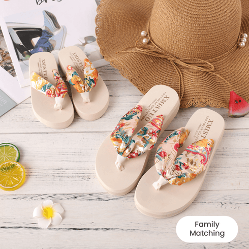 Family Matching Floral Pattern Flip-Flops Vacation Beach Slippers Beige big image 3