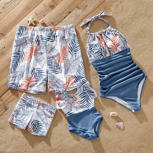 Family Matching Solid & Leaf-print Halter Neck One-piece Swimsuit or Swim Trunks Shorts Blue big image 1