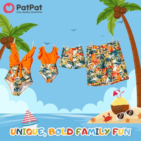 Family Matching Orange and All Over Tropical Plant Print Splicing Ruffle One-Piece Swimsuit and Swim Trunks Shorts Orange big image 4