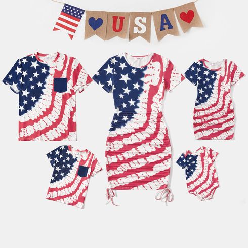 Independence Day Family Matching Allover Print Short-sleeve Drawstring Ruched Bodycon Dresses and T-shirts Sets Colorful big image 1