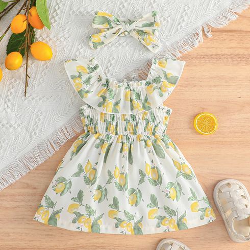 2pcs Baby Girl Allover Lemon Print Ruffled Smocked Dress and Bow Headband Set