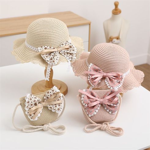 2pcs Toddler/Kid Bow Decor Straw Hat & Straw Bucket Bag Set
