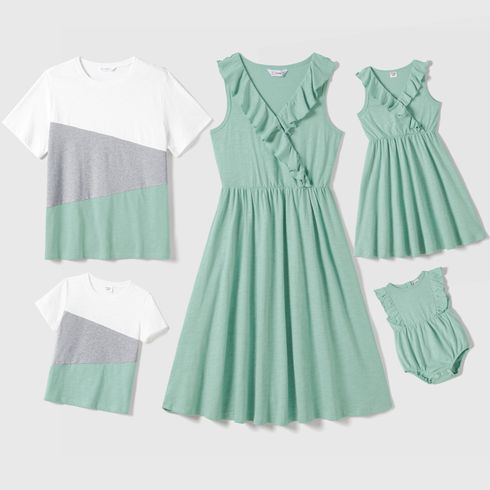 Family Matching Ruffled Tank Dresses and Color Block Short-sleeve T-shirts Sets