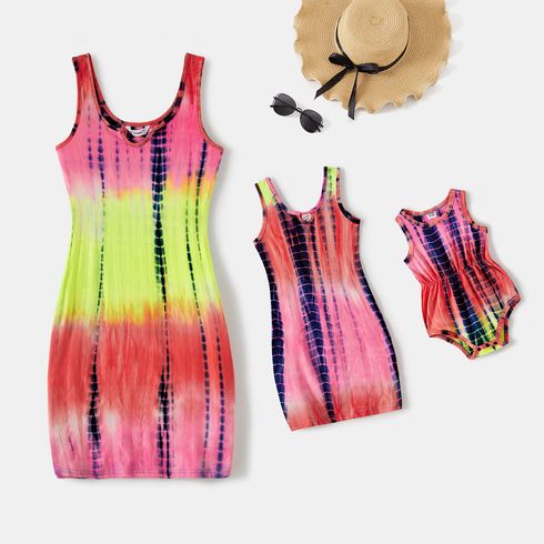 Mommy and Me Colorful Tie Dye Notched Neck Tank Dresses