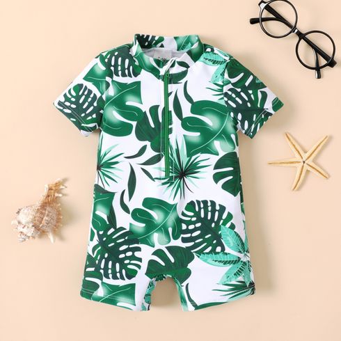 Baby Boy Allover Plant Print Short-sleeve Zip Up One Piece Swimsuit  