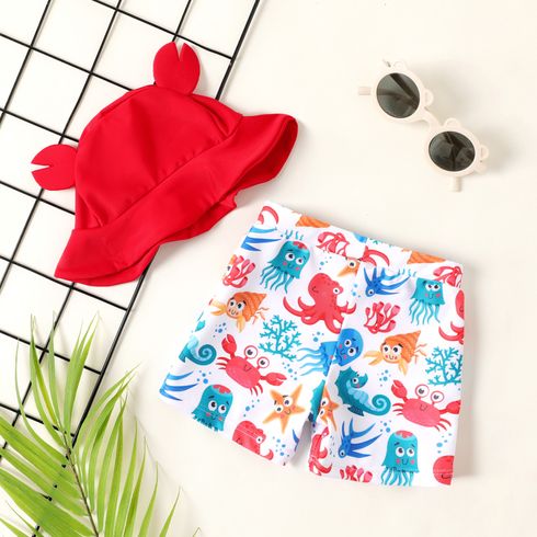2pcs Baby Boy Sea Animal Print Swim Trunks with Crab Design Swimming Cap
