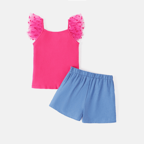 Barbie Toddler/Kid Girl 2pcs Letter Print Polka Dots Mesh Sleeve Ribbed Top and Belted Shorts Set Hot Pink big image 2