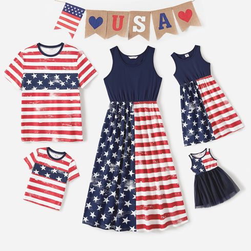 Independence Day Family Matching Star & Striped Print Spliced Tank Dresses and Short-sleeve T-shirts Sets