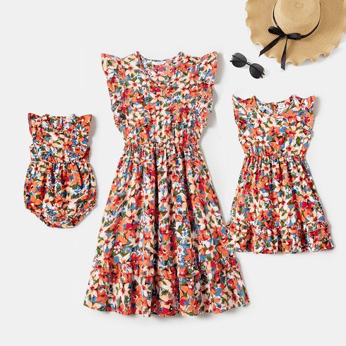 Mommy and Me Allover Floral Print Ruffle-sleeve V Neck Dresses