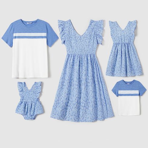 Family Matching Allover Floral Print Ruffle-sleeve Dresses and Striped Colorblock T-shirts Sets