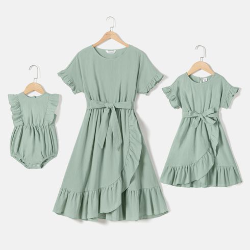Mommy and Me 100% Cotton Green Ruffled Belted Dresses
