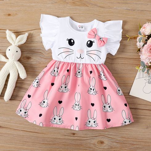Baby Girl Bow Decor Rabbit Print Flutter-sleeve Dress