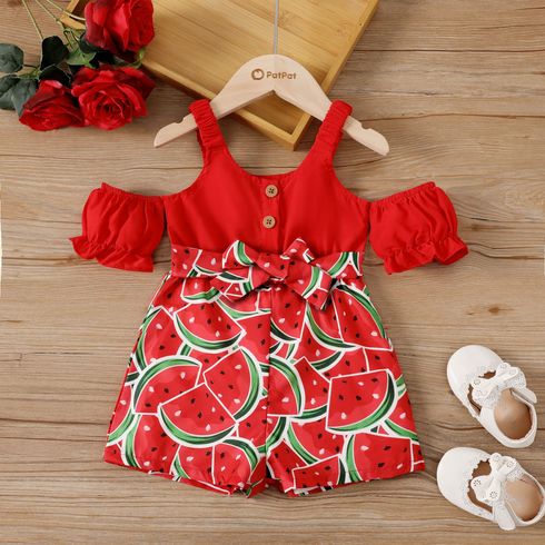 Baby Girl Front Buttons Watermelon Print Ruffle Belted Strappy Romper