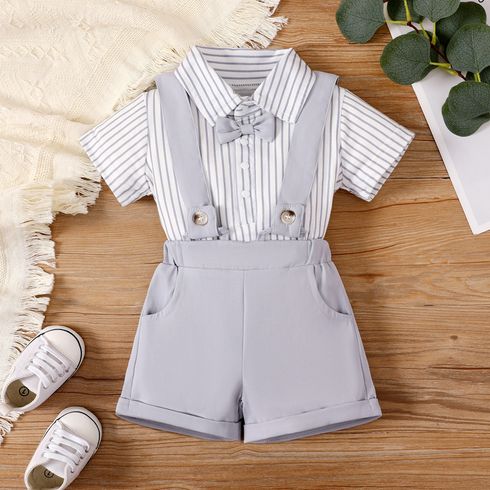 2pcs Baby Boy Bow Tie Decor Striped Polo Neck Bodysuit and Solid Suspender Shorts Set