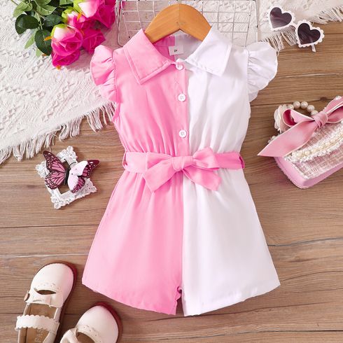 Toddler Girl Front Buttons Ruffle Lapel Collar Belted Romper