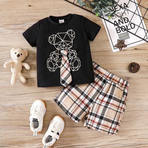 2pcs Toddler Boy Bear Print Tie Decor Short-sleeve Tee and Plaid Shorts Set