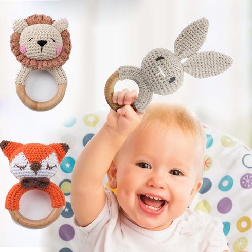 Natural Crochet Teether Toy Rattle for Handmade Animal Pattern on Natural Wooden Teething Ring Rattle Natural Baby Toys 