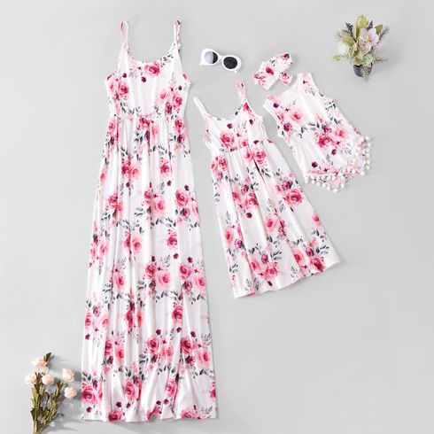 Floral Print Matching White Sling Maxi Dresses