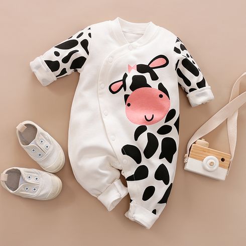 100% Cotton Cow Print Long-sleeve White Baby Jumpsuit