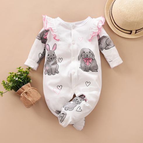 100% Cotton Rabbit Print Footed/footie Long-sleeve Baby Jumpsuit