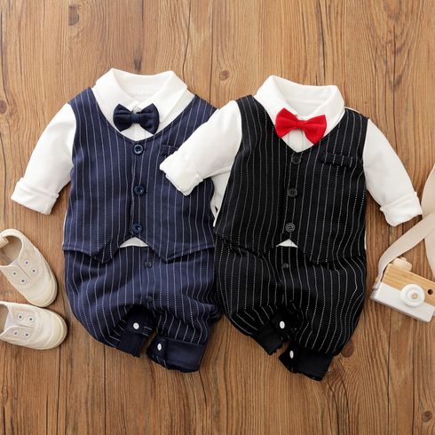 100% Cotton Stripe Print Bow Tie Decor Long-sleeve Baby Jumpsuit
