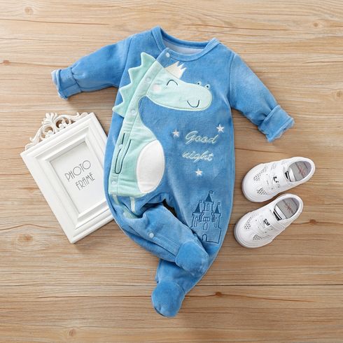 Dinosaur Print Fleece Footed/footie Long-sleeve Blue Baby Jumpsuit