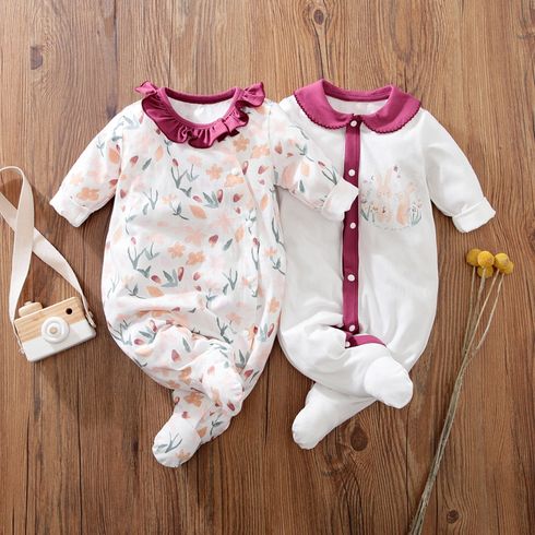 100% Cotton Rabbit and Floral Print White Baby Jumpsuit