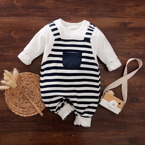 100% Cotton Stripe Print Long-sleeve Baby Navy White Jumpsuit