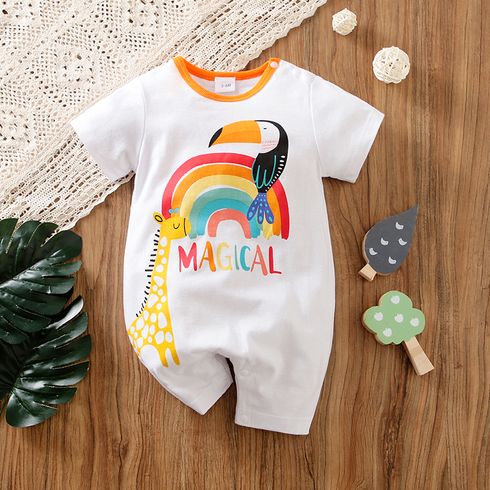 100% Cotton Baby Boy Rainbow Parrot Giraffe and Letter Print White Short-sleeve Romper