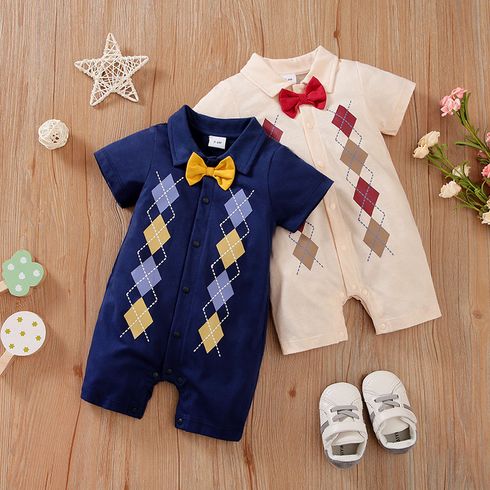 100% Cotton Baby Boy/Girl Preppy Style Argyle Print Bow Tie Short-sleeve Snap Romper