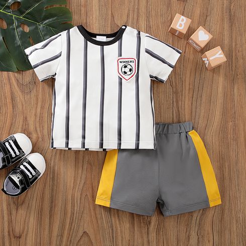 2pcs Baby Boy Soccer Patch Decor Striped Short-sleeve T-shirt and Colorblock Shorts Set