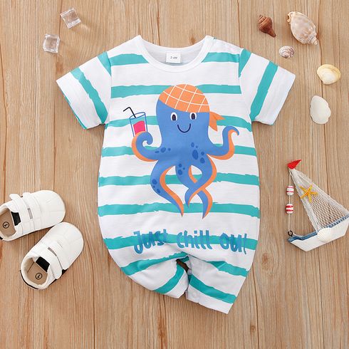 Baby Boy/Girl Cartoon Octopus & Letter Print Striped Short-sleeve Romper