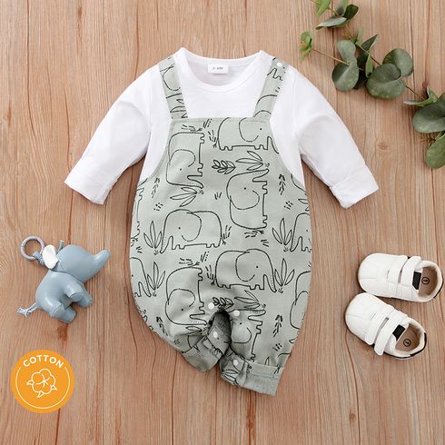 100% Cotton Baby Boy/Girl All Over Cartoon Elephant Print Faux-two Long-sleeve Jumpsuit
