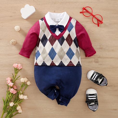 Baby Boy Long-sleeve Argyle Pattern Spliced Gentleman Bow Tie Jumpsuit