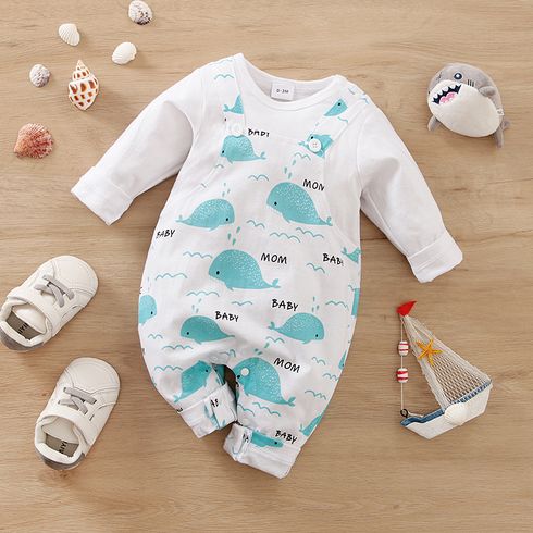 100% Baby Boy/Girl Long-sleeve Faux-two Allover Whale & Letter Print Jumpsuit