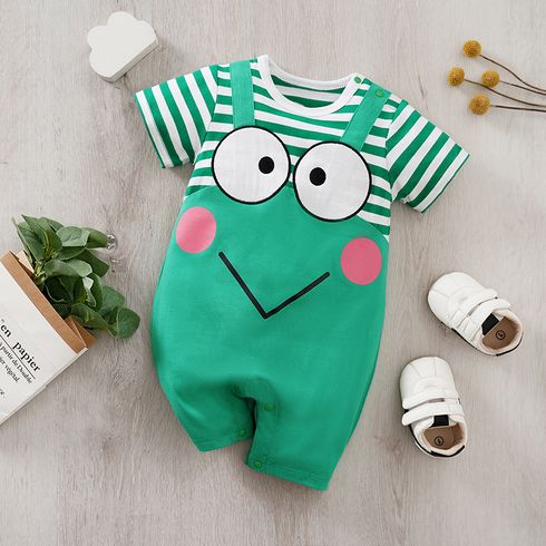 Baby Boy 100% Cotton Frog Print Green Striped Short-sleeve Faux-two Romper Green big image 1