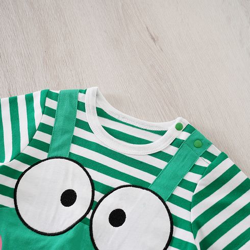 Baby Boy 100% Cotton Frog Print Green Striped Short-sleeve Faux-two Romper Green big image 3
