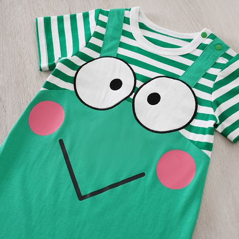 Baby Boy 100% Cotton Frog Print Green Striped Short-sleeve Faux-two Romper Green big image 5