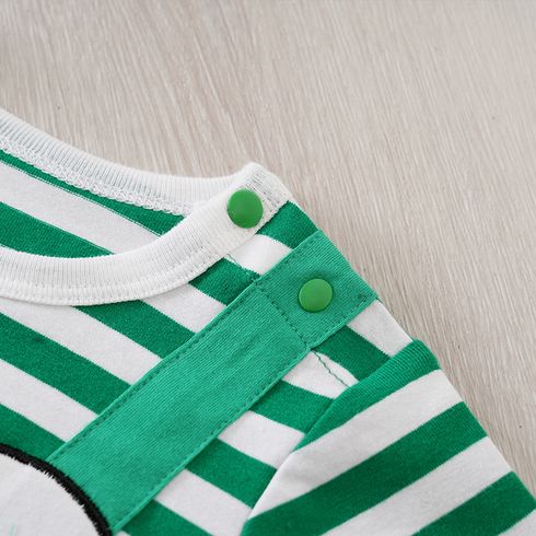 Baby Boy 100% Cotton Frog Print Green Striped Short-sleeve Faux-two Romper Green big image 4