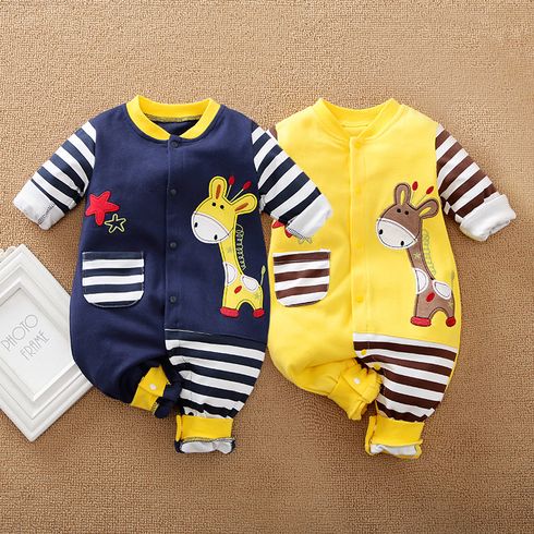 100% Cotton Giraffe Applique Stripe Print Long-sleeve Baby Jumpsuit