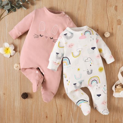 100% Cotton Rabbit Embroidery or Rainbow Print Footed/footie Long-sleeve Baby Jumpsuit