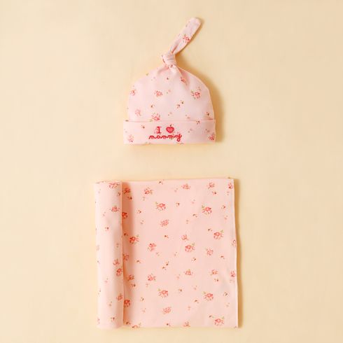 2-pack 100% Cotton Floral Print Newborn Swaddle Receiving Blanket Baby Sleeping Bag Swaddles Wrap Blanket and Beanie Hat