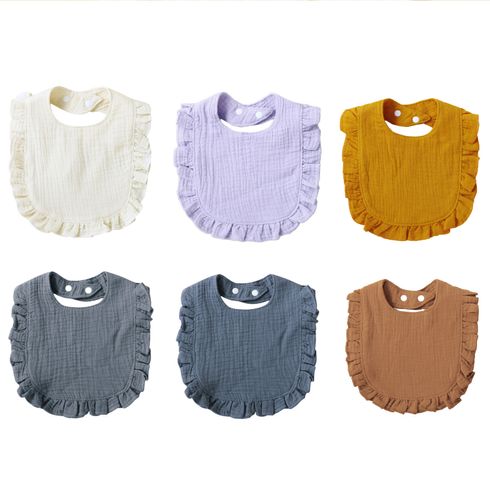 100% Cotton Pure Color Ruffle Trim Textured Baby Bib Snap Button Gauze Washable Drool Teething Saliva Towel Bib